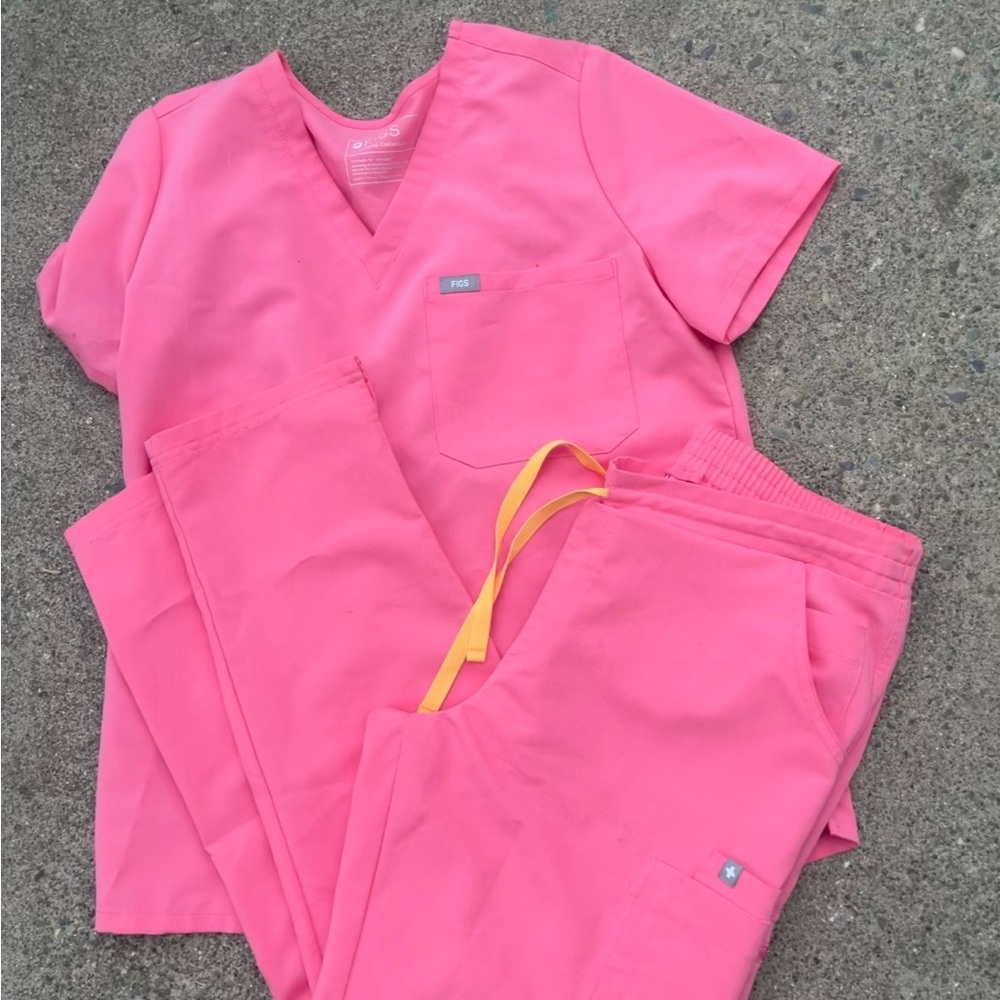 Figs Bright Pink Scrub Set with Yellow Accents medium